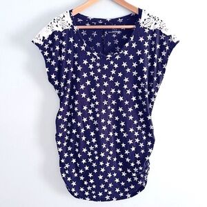 Motherhood Navy Cap Sleeve Lace Detail Star Print Maternity Patriotic Top L
